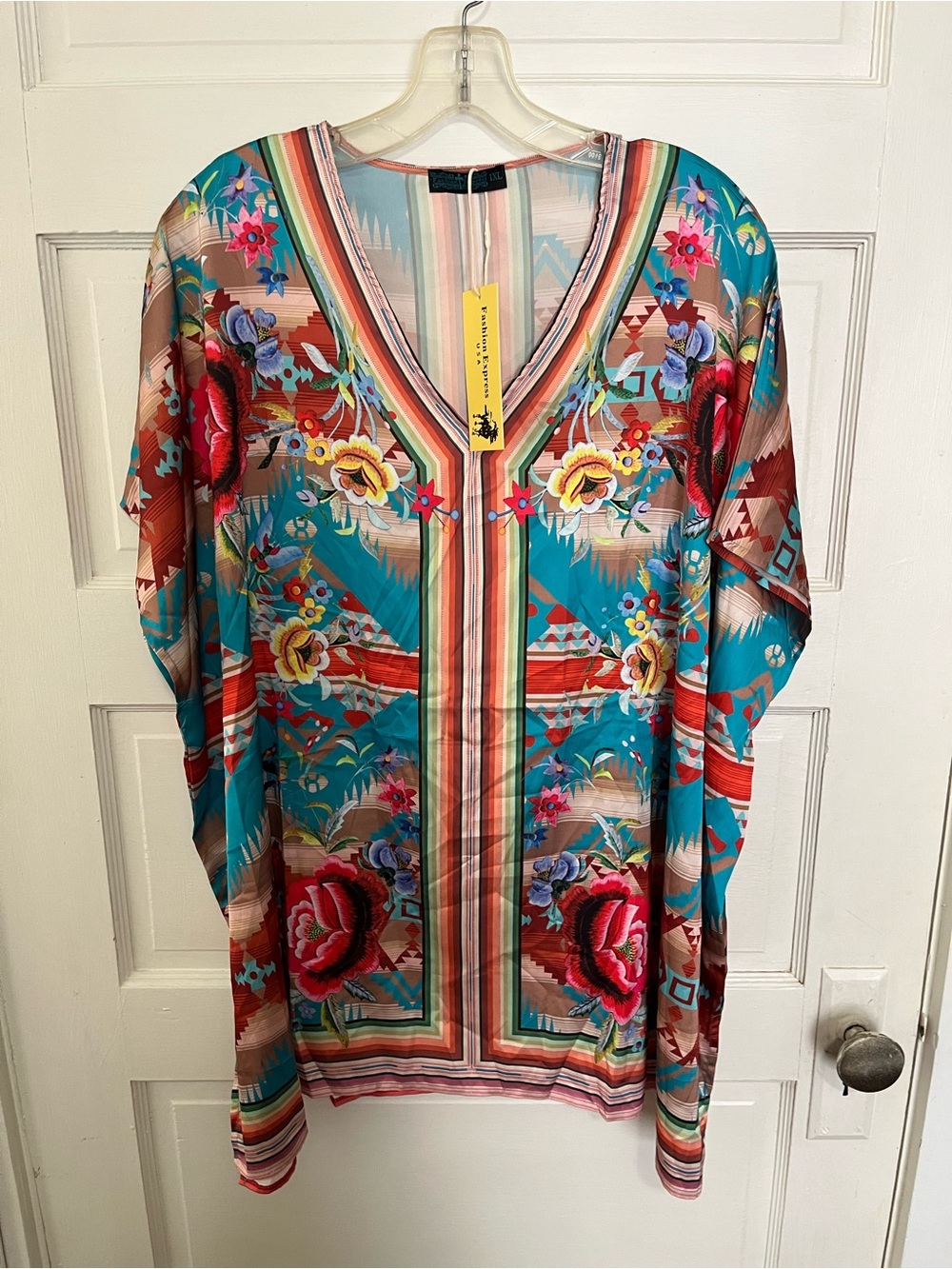 Bright Floral Embroidered Caftan Tunic - Teal & Red 1XL